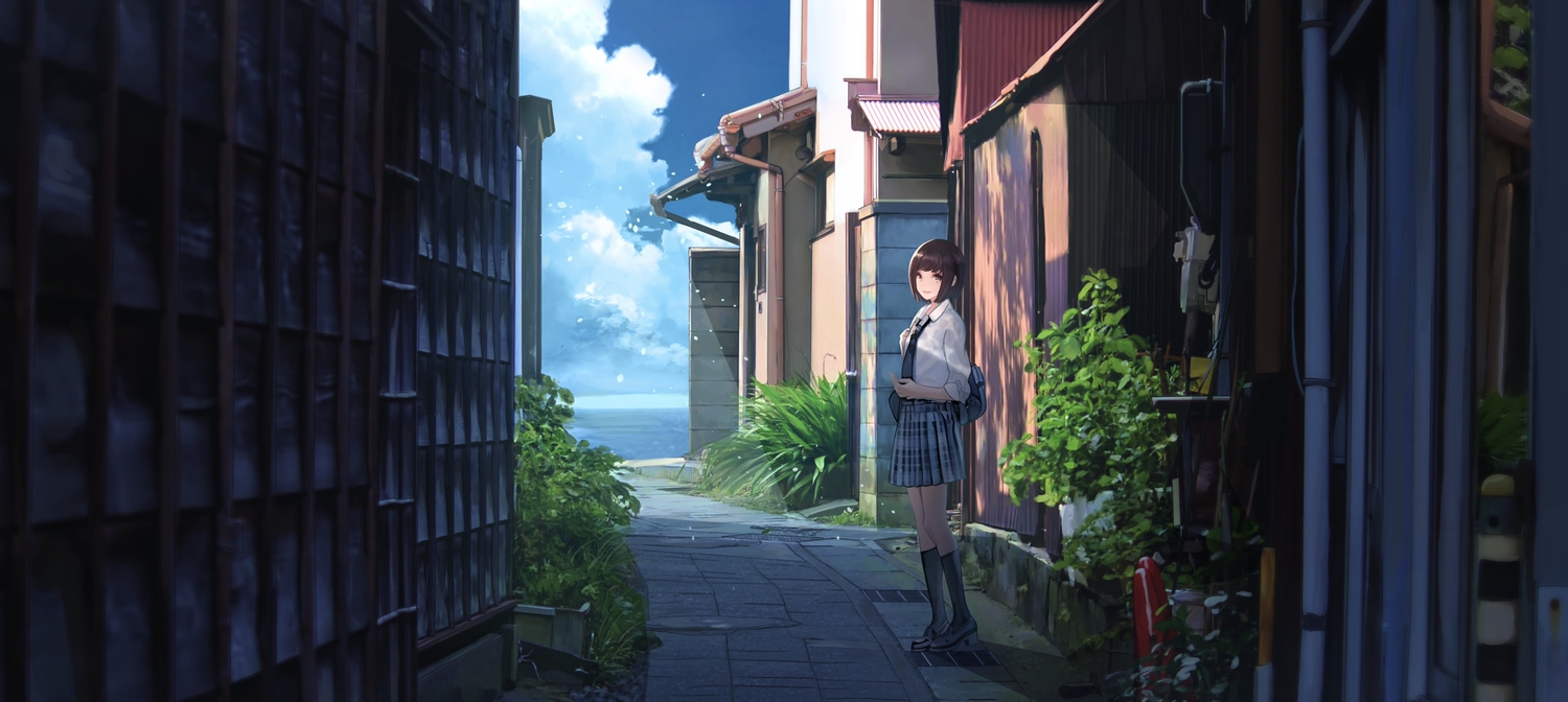 building, kneehighs, original, school_uniform, shade, short_hair, socks, soraciel, tie