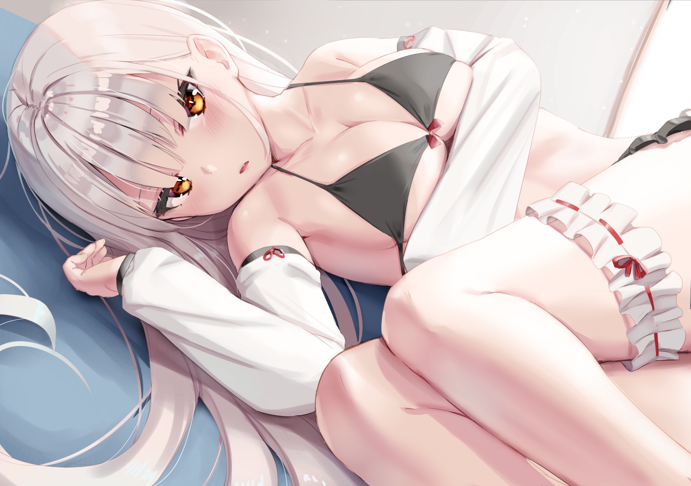 bikini, blush, bow, breasts, fang, garter, gray_hair, long_hair