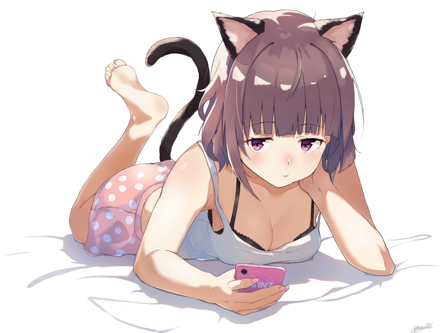 animal_ears, barefoot, bed, bra, breasts, catgirl, cleavage, kmnz, liz_(kmnz), phone, purple_eyes, purple_hair, short_hair, signed, underwear, yossui