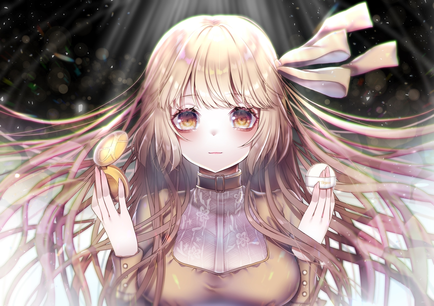 blonde_hair, bow, breasts, buta_tamako, close, long_hair, original, ribbons