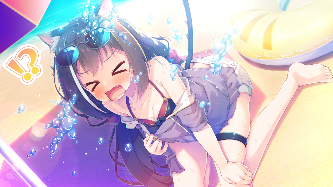 animal_ears, barefoot, bikini_top, black_hair, blush, bow, breasts, catgirl