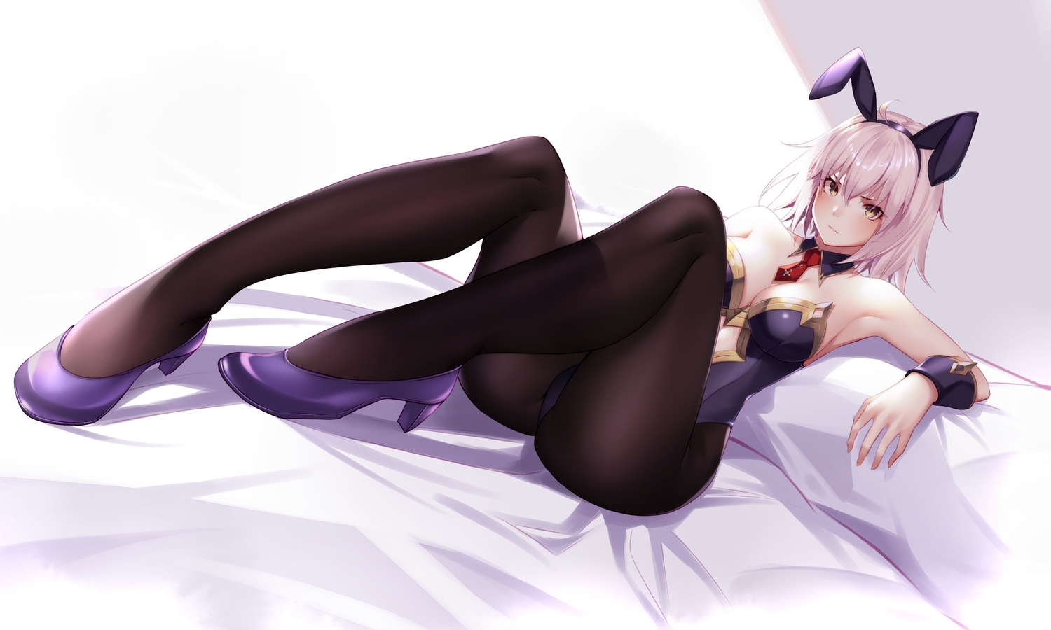 animal_ears, bed, blush, bodysuit, breasts, bunny_ears, bunnygirl, cleavage, fate/grand_order, fate_(series), fifty1202, headband, jeanne_d'arc_alter, jeanne_d'arc_(fate), pantyhose, short_hair, tie, white_hair, wristwear, yellow_eyes
