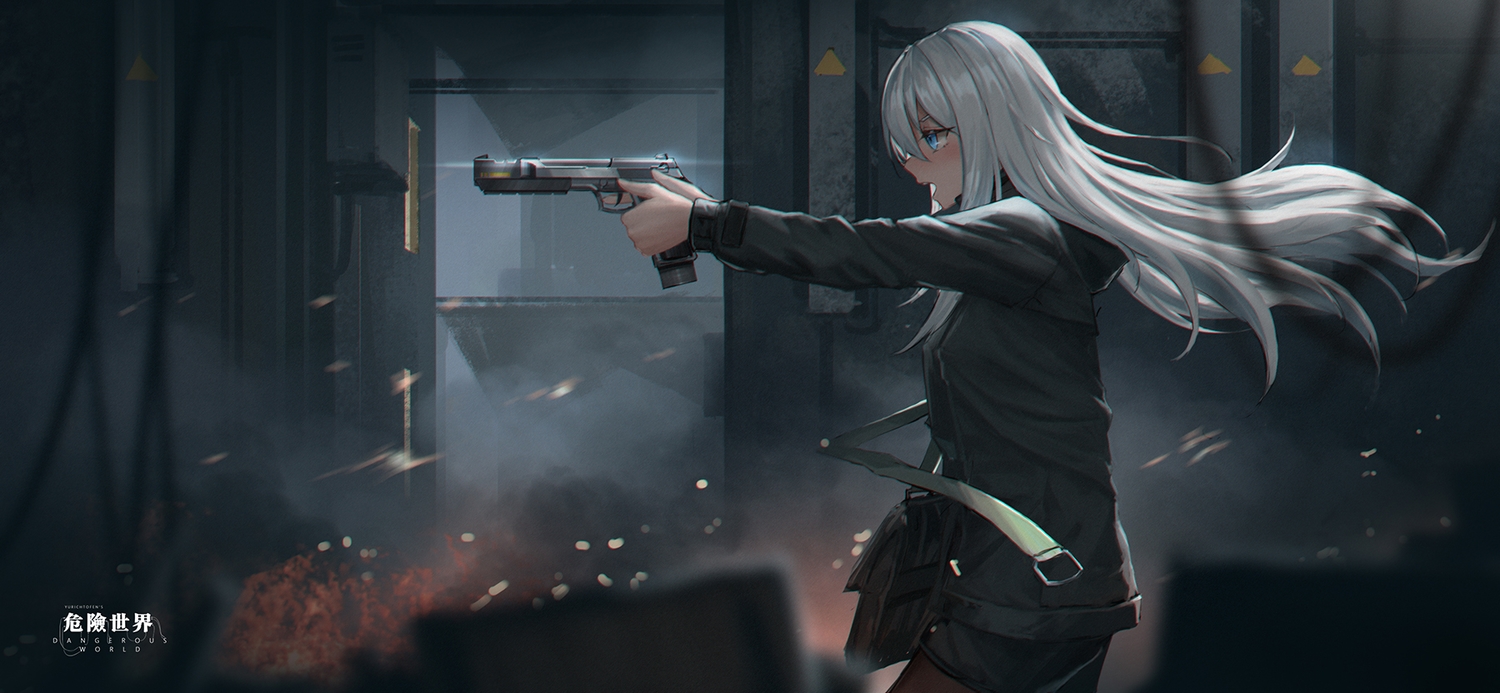 aqua_eyes, dark, gun, hood, long_hair, original, pantyhose, shorts
