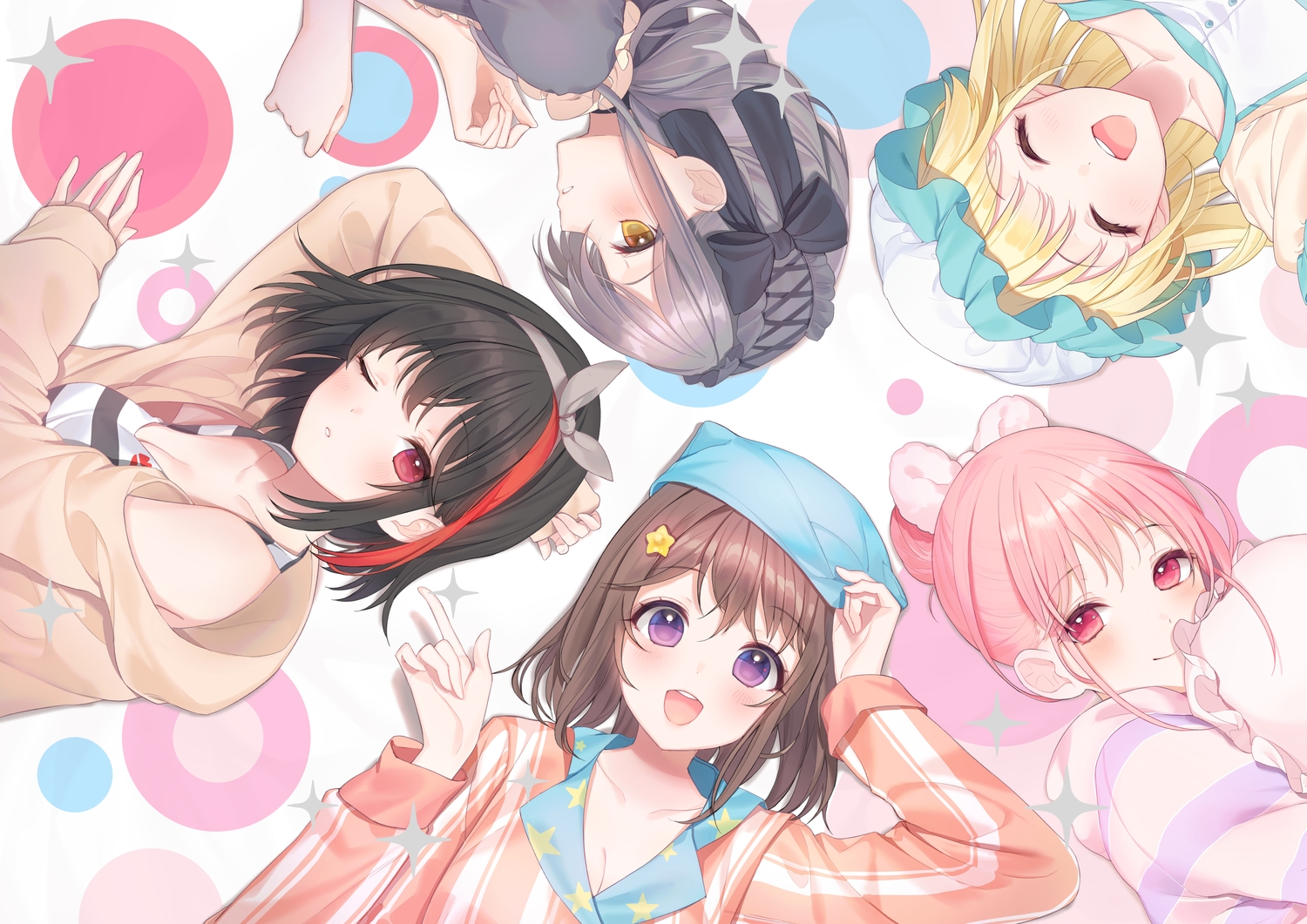 a20_(atsumaru), bang_dream!, black_hair, blonde_hair, bow, brown_hair, goth-loli, gray_hair