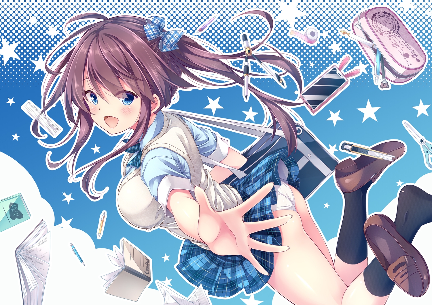 aqua_eyes, ass, blue, blush, book, bow, brown_hair, kneehighs