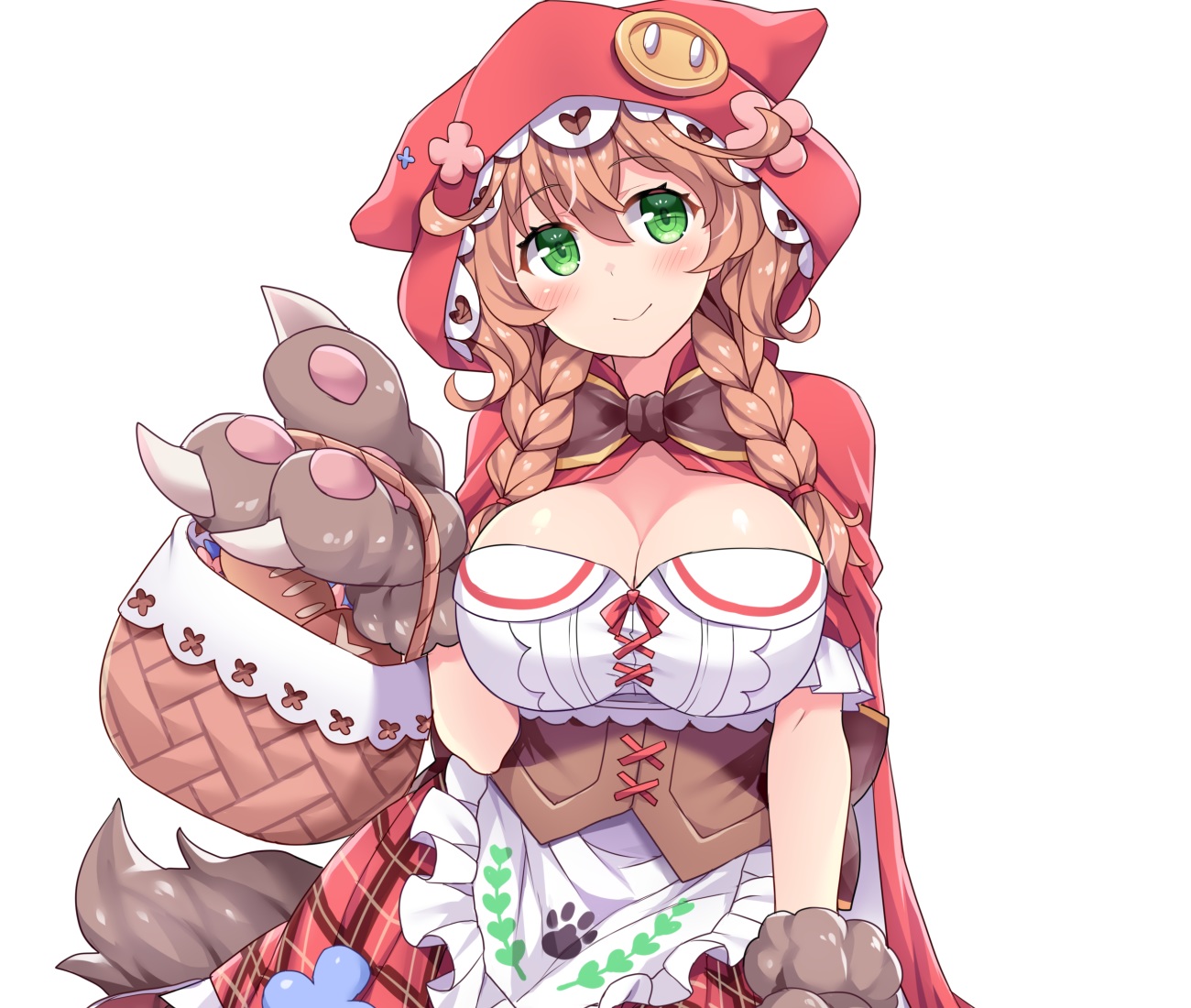 amane_hasuhito, animal_ears, apron, blush, braids, breasts, brown_hair, cape, cleavage, corset, cropped, dress, gloves, green_eyes, hood, long_hair, nijisanji, tail, twintails, warabeda_meijii, white, wolfgirl