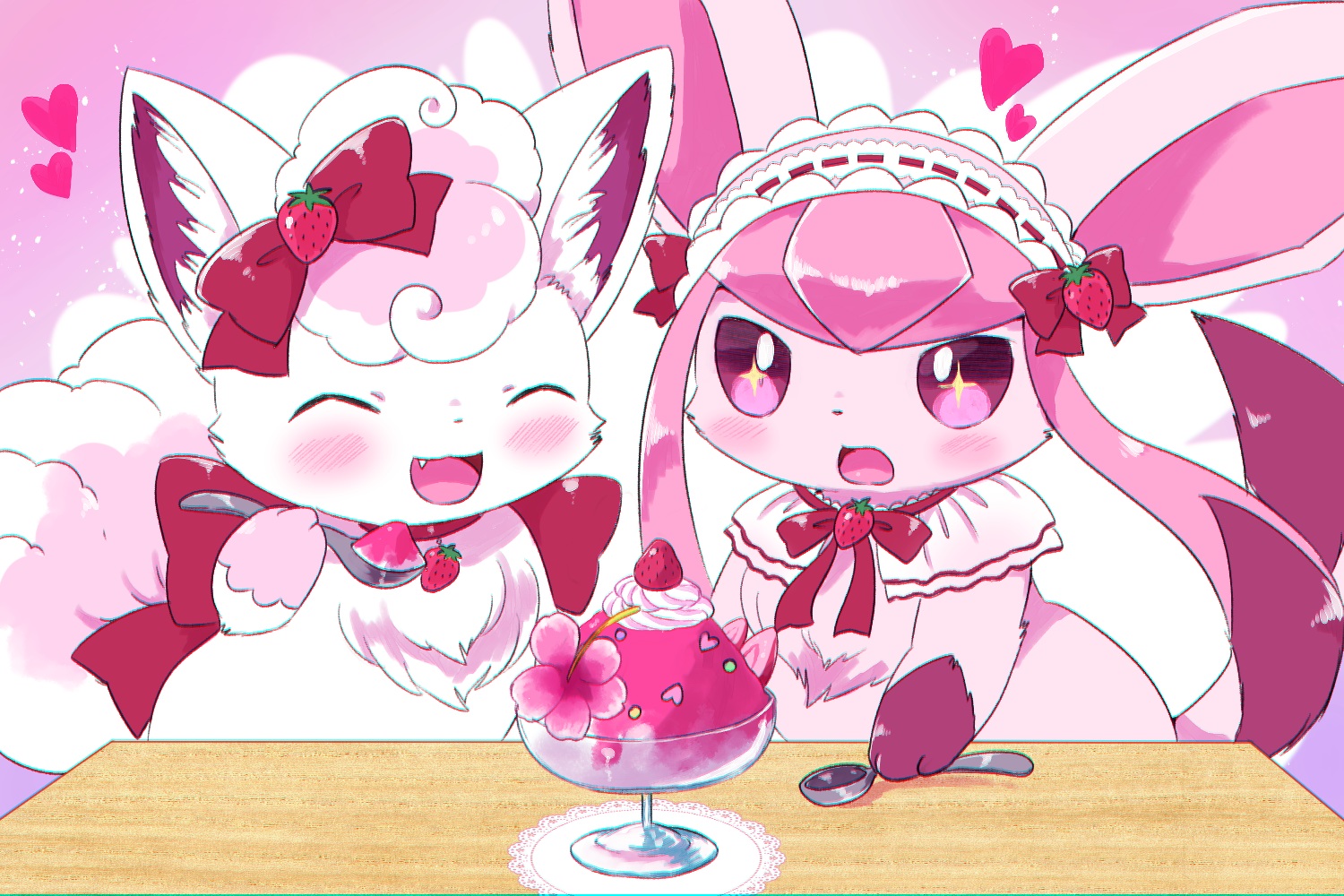 blush, bow, cat_smile, collar, fang, food, fruit, glaceon, headdress, kemoribon, lolita_fashion, no_humans, pokemon, strawberry, vulpix