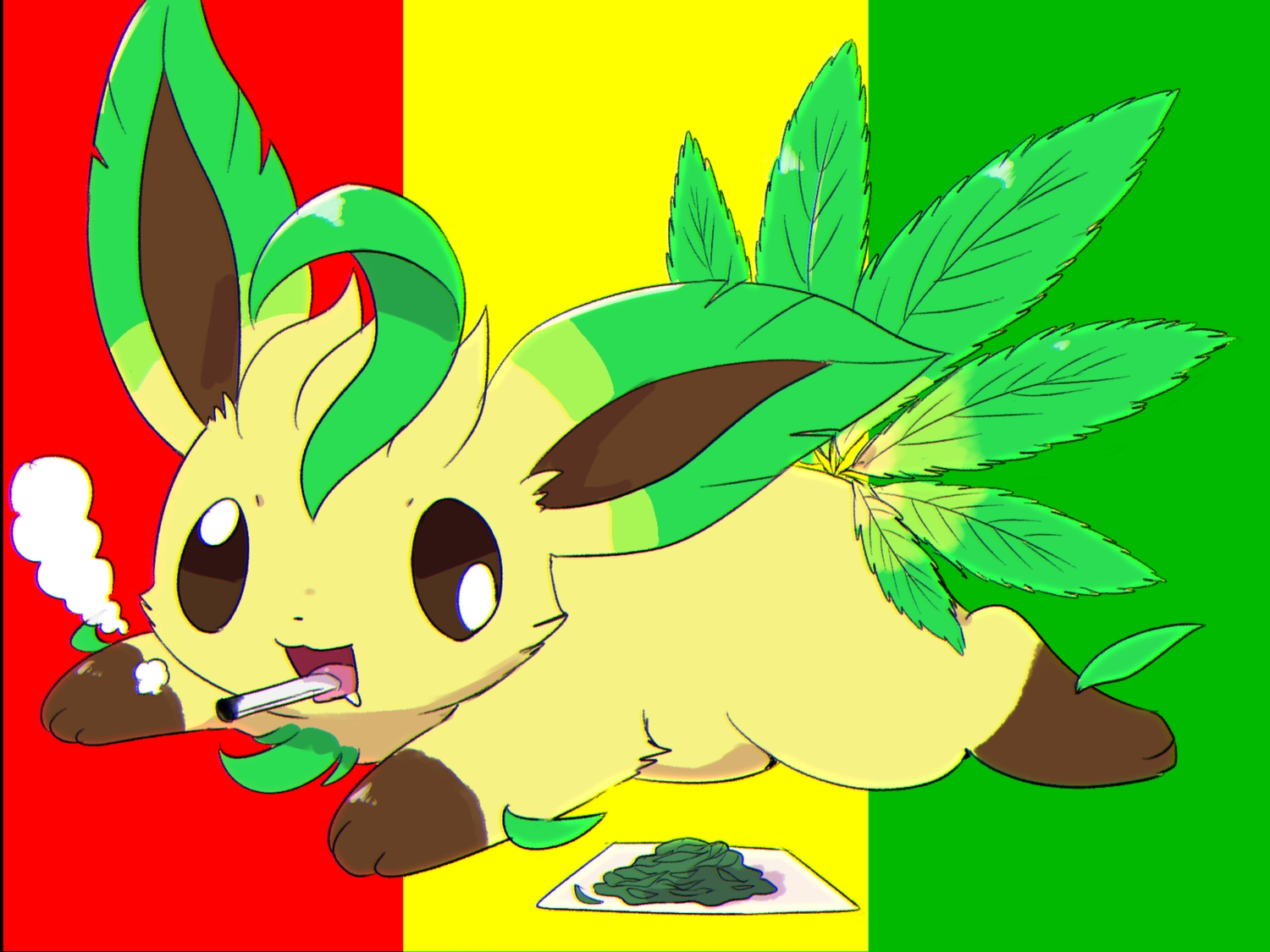 cat_smile, kemoribon, leafeon, leaves, no_humans, paper, pokemon, smoking