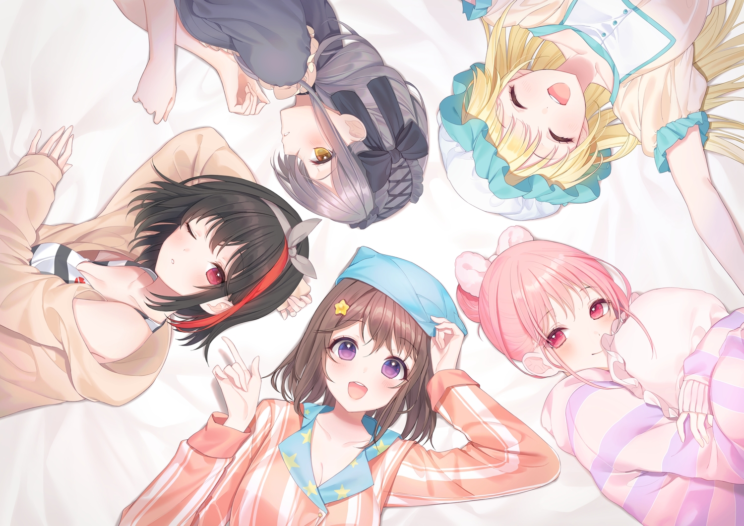 a20_(atsumaru), bang_dream!, black_hair, blonde_hair, bow, brown_hair, goth-loli, gray_hair