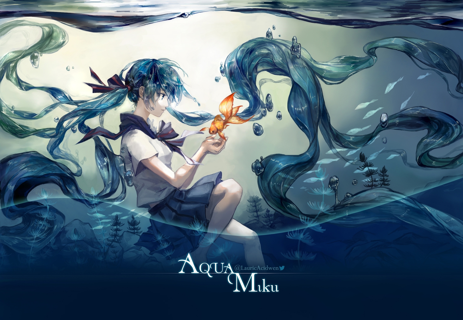 animal, bottle_miku, fish, hatsune_miku, long_hair, oxalicacid, school_uniform, vocaloid, water