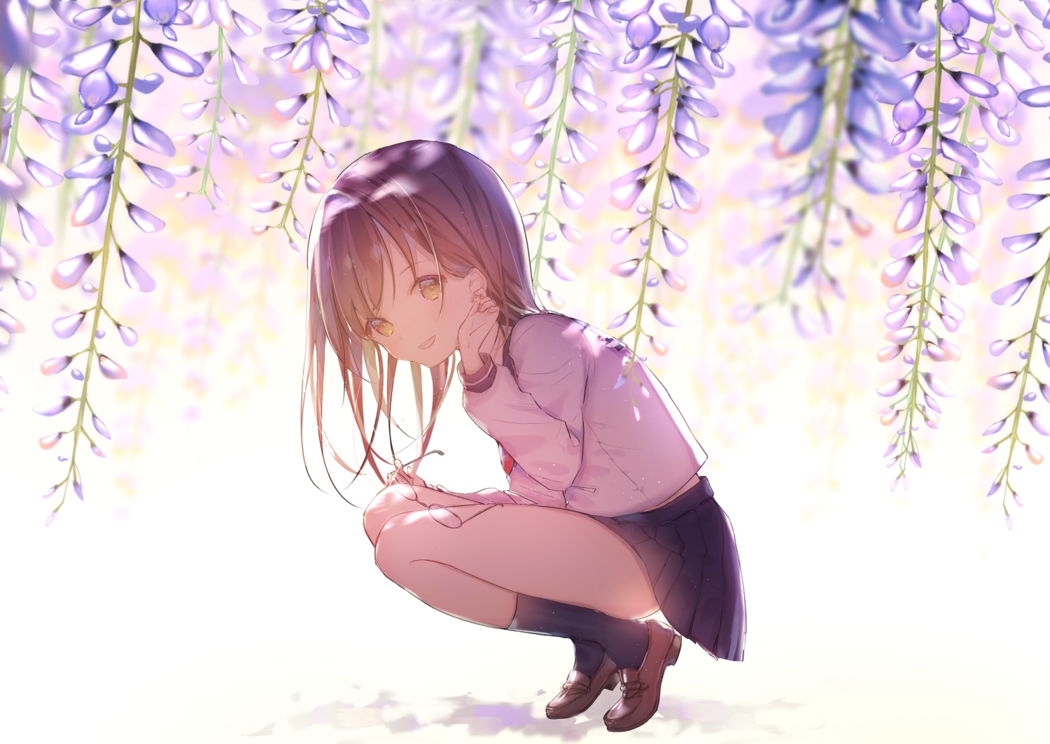 brown_eyes, brown_hair, flowers, kneehighs, original, shiromi, skirt
