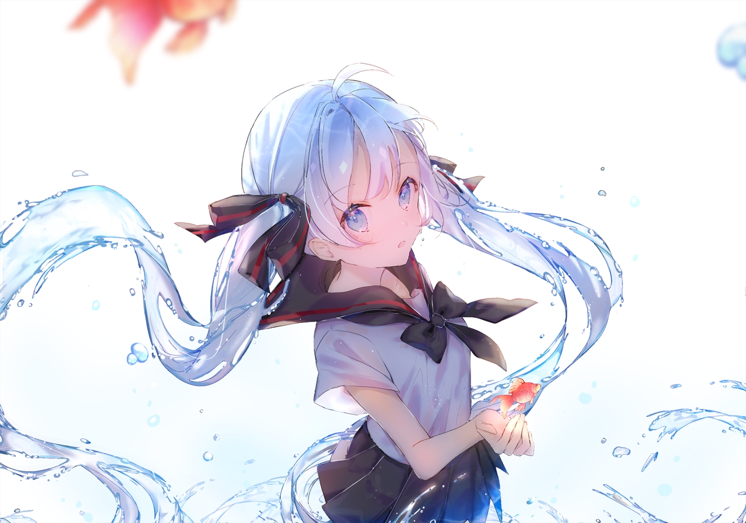 animal, bottle_miku, fish, hatsune_miku, school_uniform, shiromi, vocaloid, water