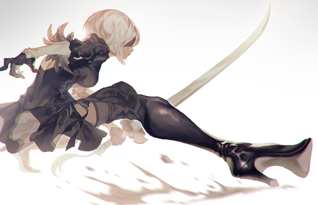 blindfold, boots, fajyobore323, nier, nier:_automata, sword, weapon, yorha_unit_no._2_type_b