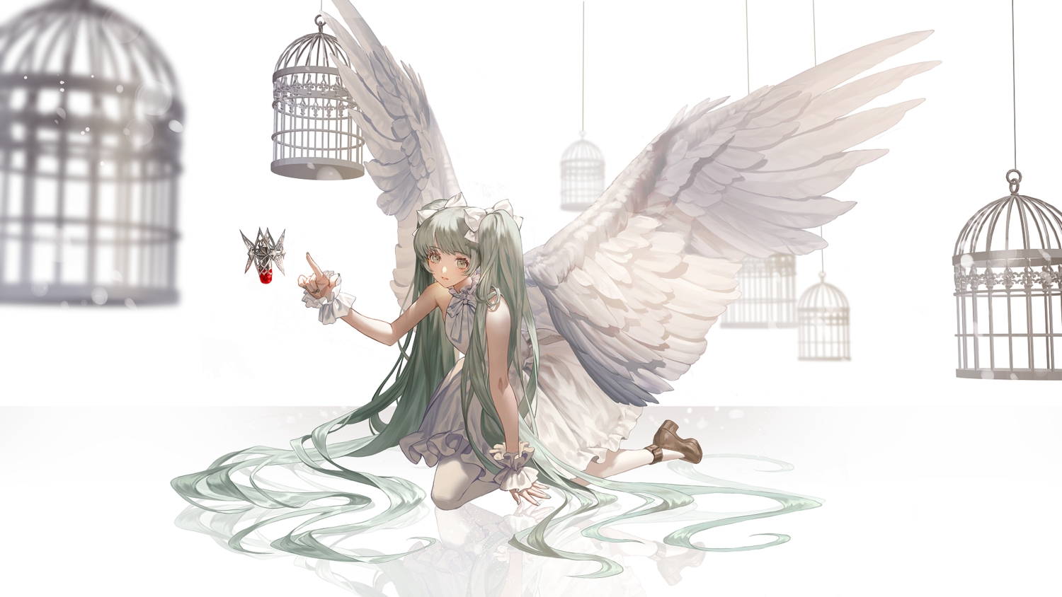 aliasing, cage, dress, fajyobore323, green_eyes, green_hair, hatsune_miku, long_hair