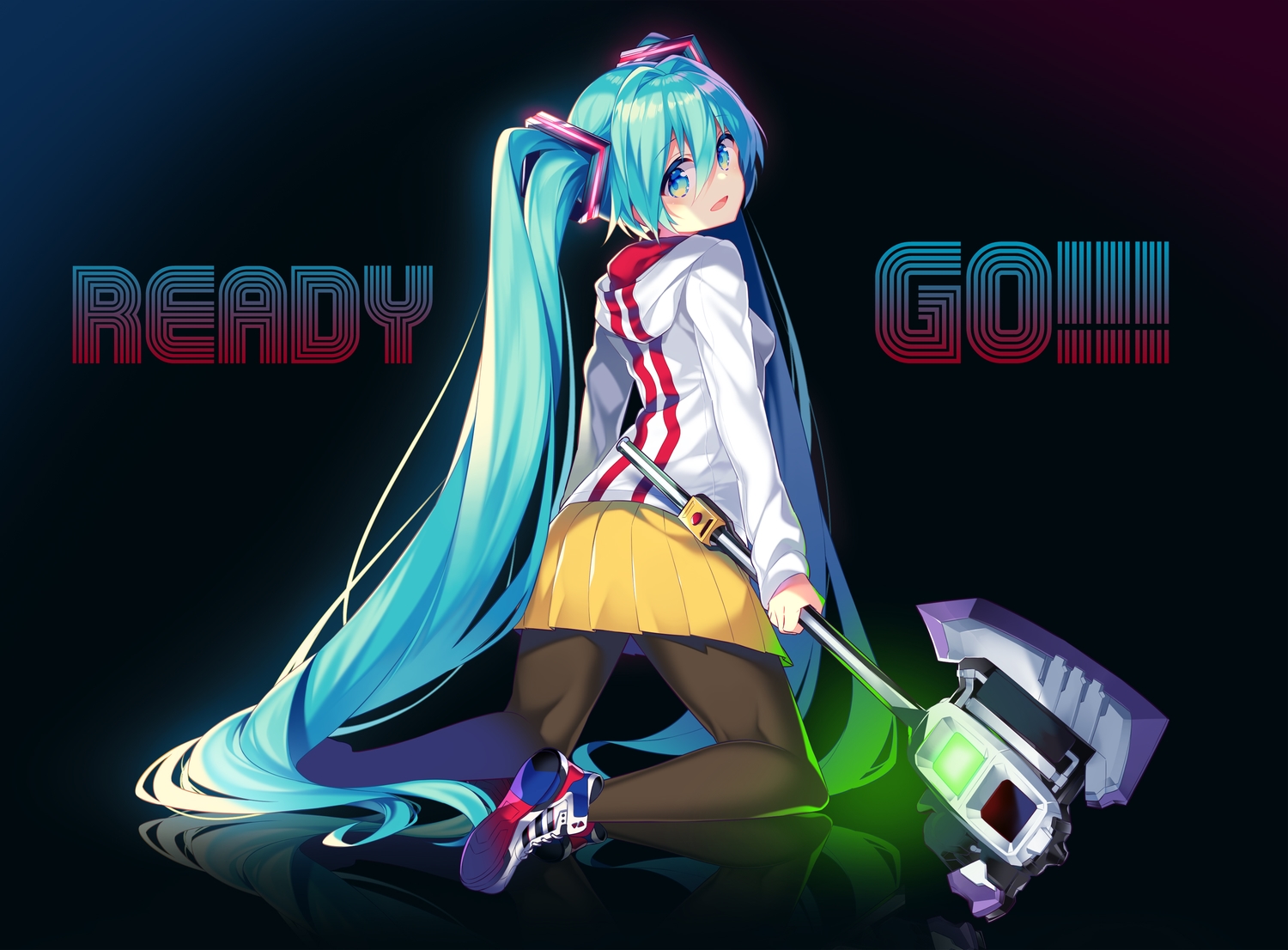 aqua_eyes, aqua_hair, hatsune_miku, hood, kamen_rider, kurisu_sai, long_hair, pantyhose, skirt, twintails, vocaloid, weapon