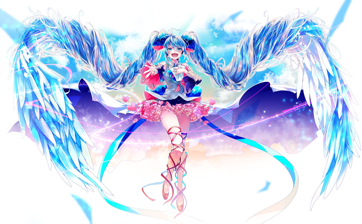 blue_eyes, blue_hair, dress, hatsune_miku, heart, long_hair, ribbons, shirayuki_towa