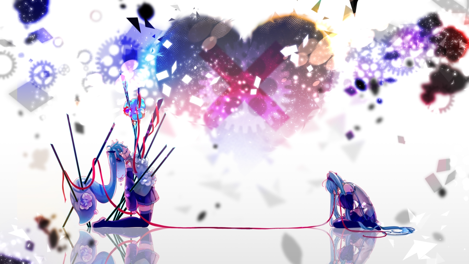 aqua_hair, crying, hatsune_miku, heart, shirayuki_towa, skirt, thighhighs, twintails