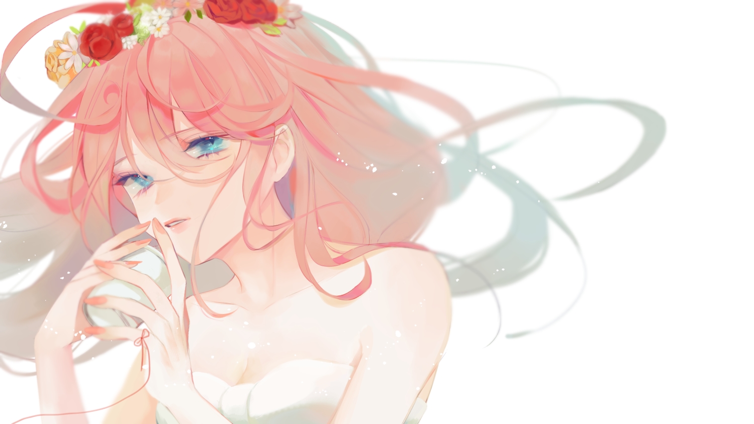 blue_eyes, flowers, just_be_friends_(vocaloid), long_hair, megurine_luka, naki_(kim3030), pink_hair, vocaloid