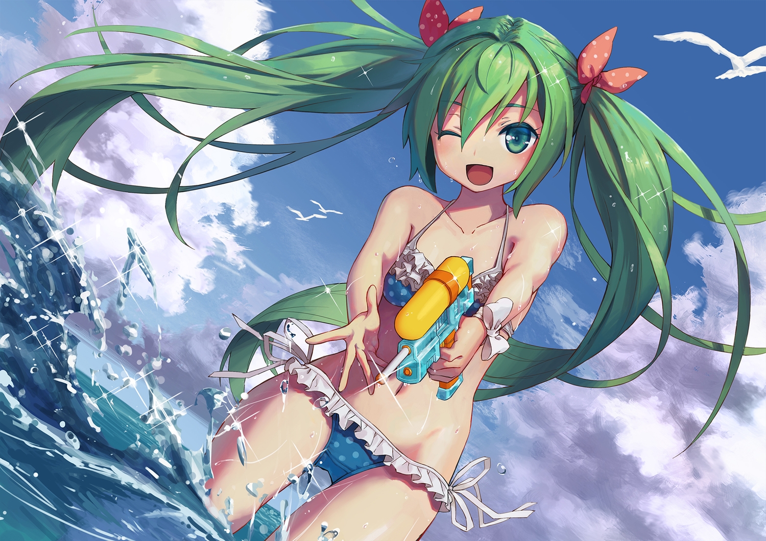 bikini, bow, green_eyes, green_hair, hatsune_miku, kyou-chan, navel, swimsuit, vocaloid, water, wink