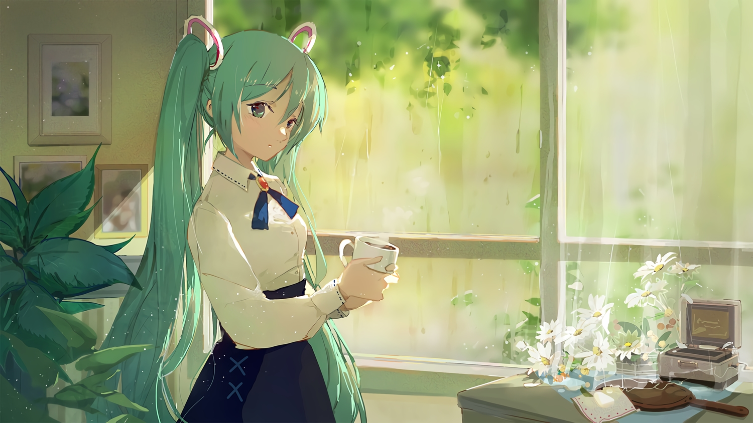 drink, flowers, green, green_eyes, green_hair, hatsune_miku, long_hair, mao_xiaozha_(rumiechen)