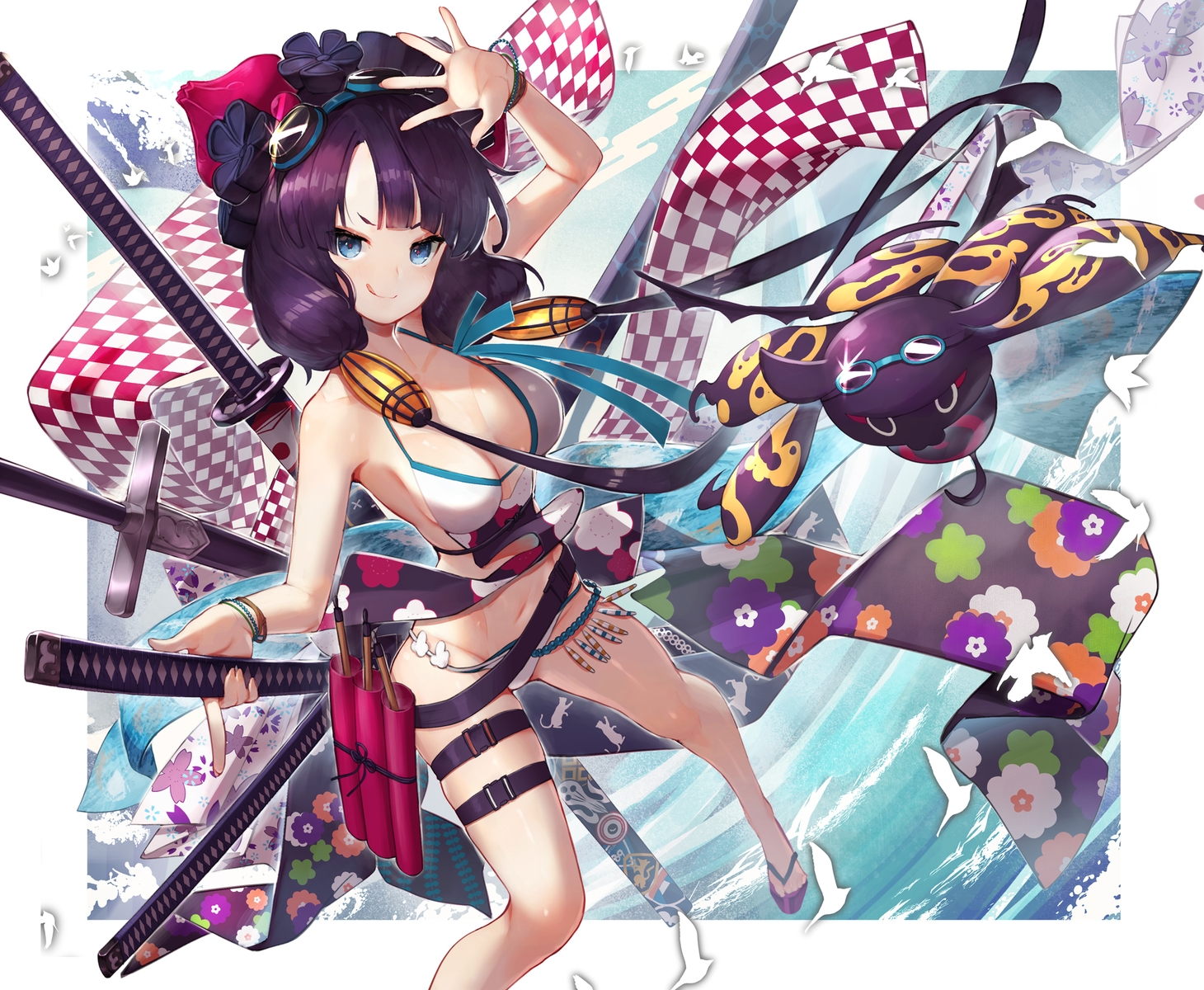 bikini, blue_eyes, breasts, fate/grand_order, fate_(series), garter, goggles, japanese_clothes