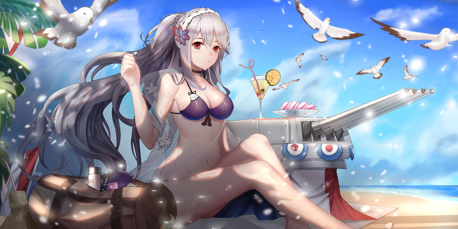 animal, anthropomorphism, azur_lane, beach, bikini, bird, braids, breasts, choker, cleavage, drink, dunkerque_(azur_lane), food, fruit, gray_hair, headphones, moyude_wangzi_jiang, ponytail, red_eyes, see_through, shade, swimsuit, weapon