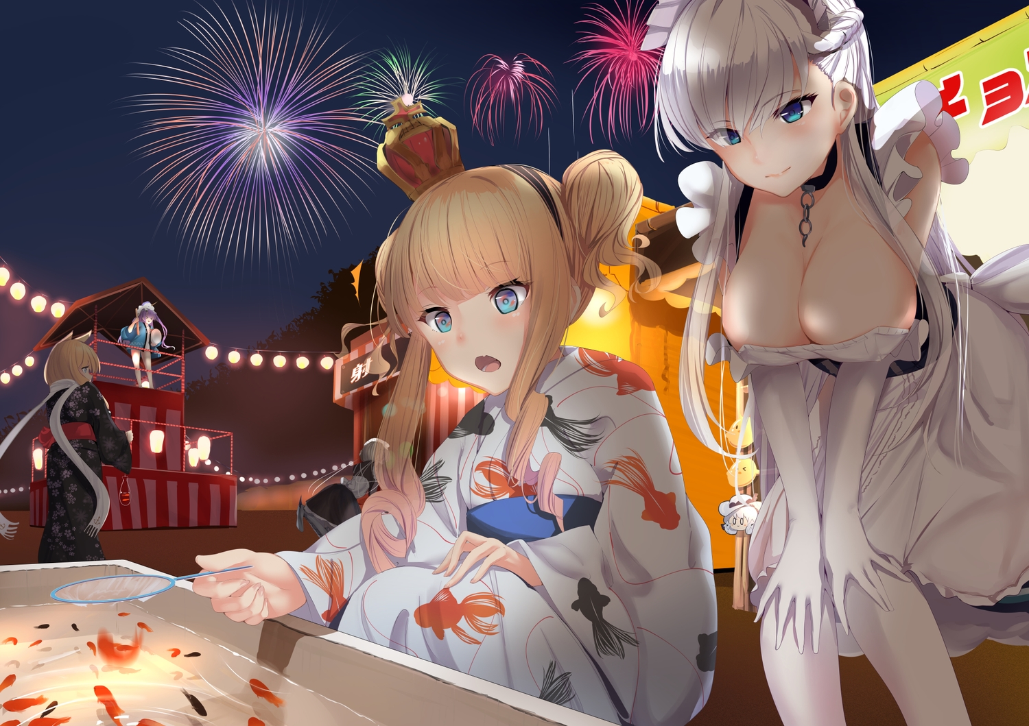 animal, anthropomorphism, azur_lane, belfast_(azur_lane), crown, dress, festival, fireworks