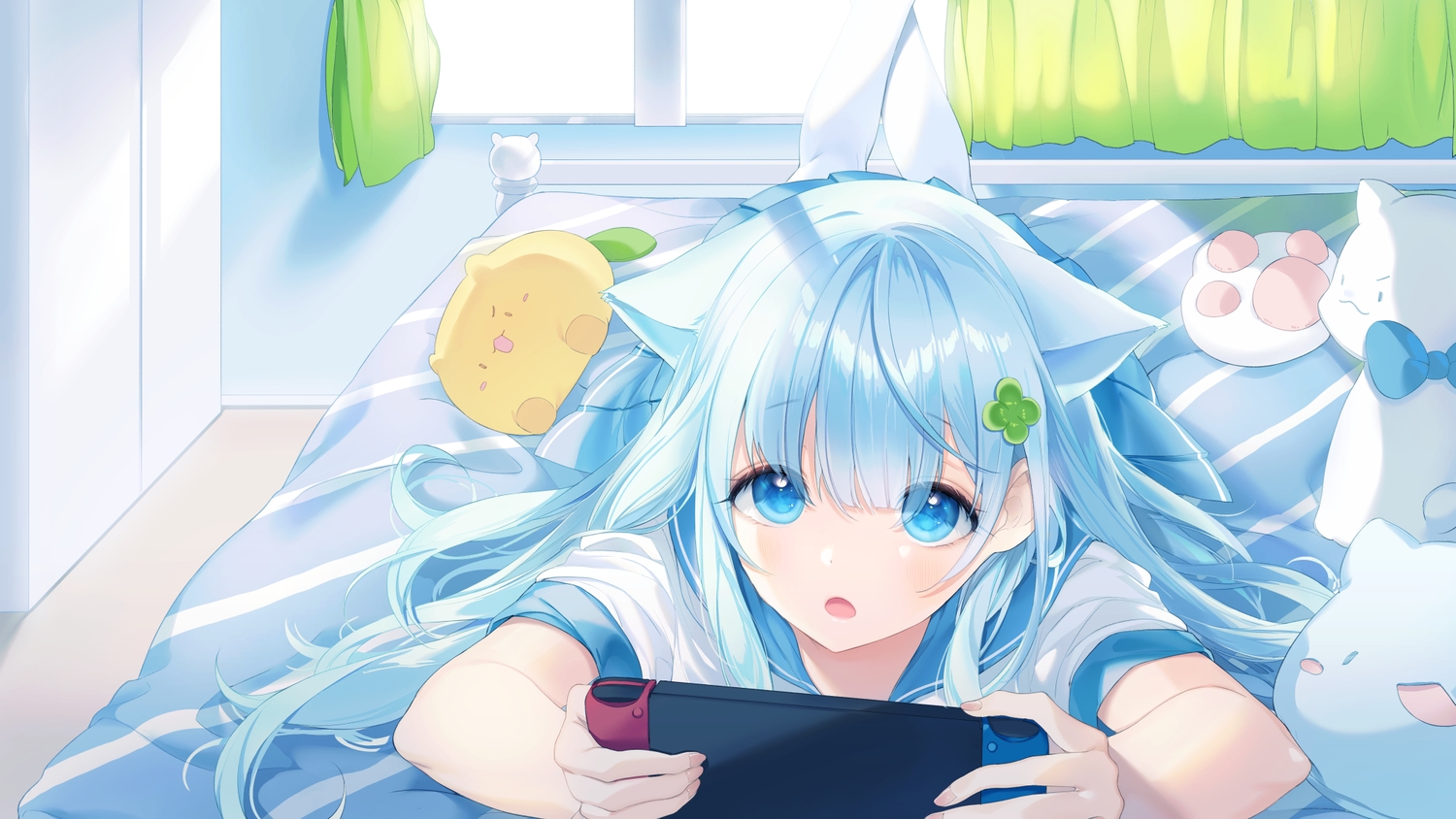 a20_(atsumaru), aliasing, animal_ears, aqua_eyes, aqua_hair, bed, catgirl, game_console