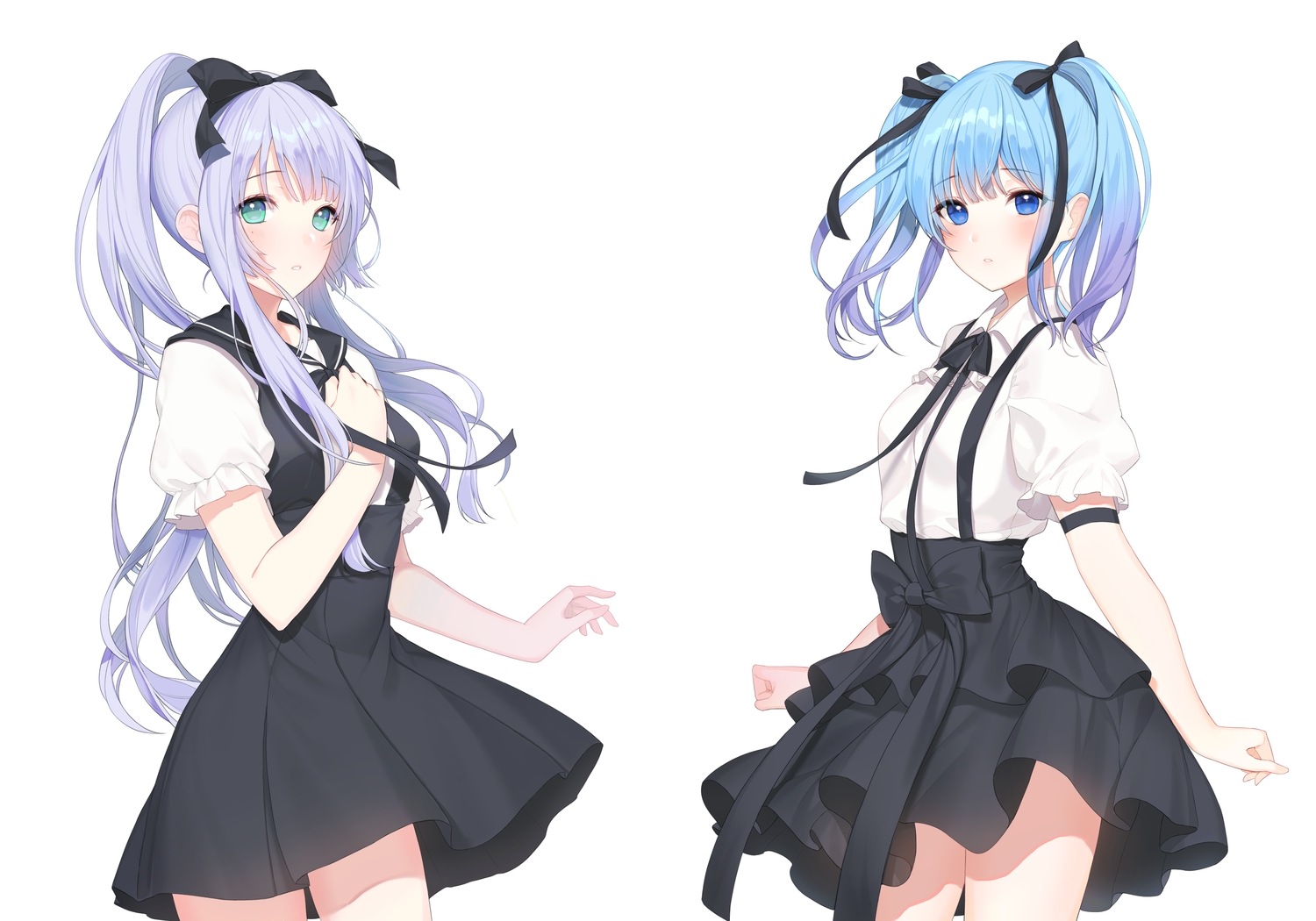 2girls, a20_(atsumaru), aliasing, aqua_hair, blue_eyes, blush, bow, gray_hair