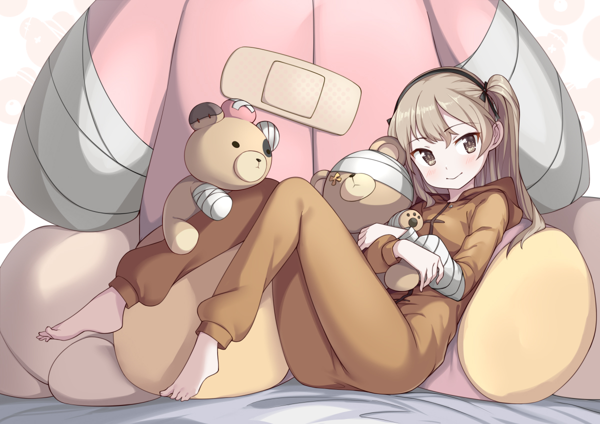 bandage, bandaid, barefoot, blush, brown_eyes, brown_hair, girls_und_panzer, headband