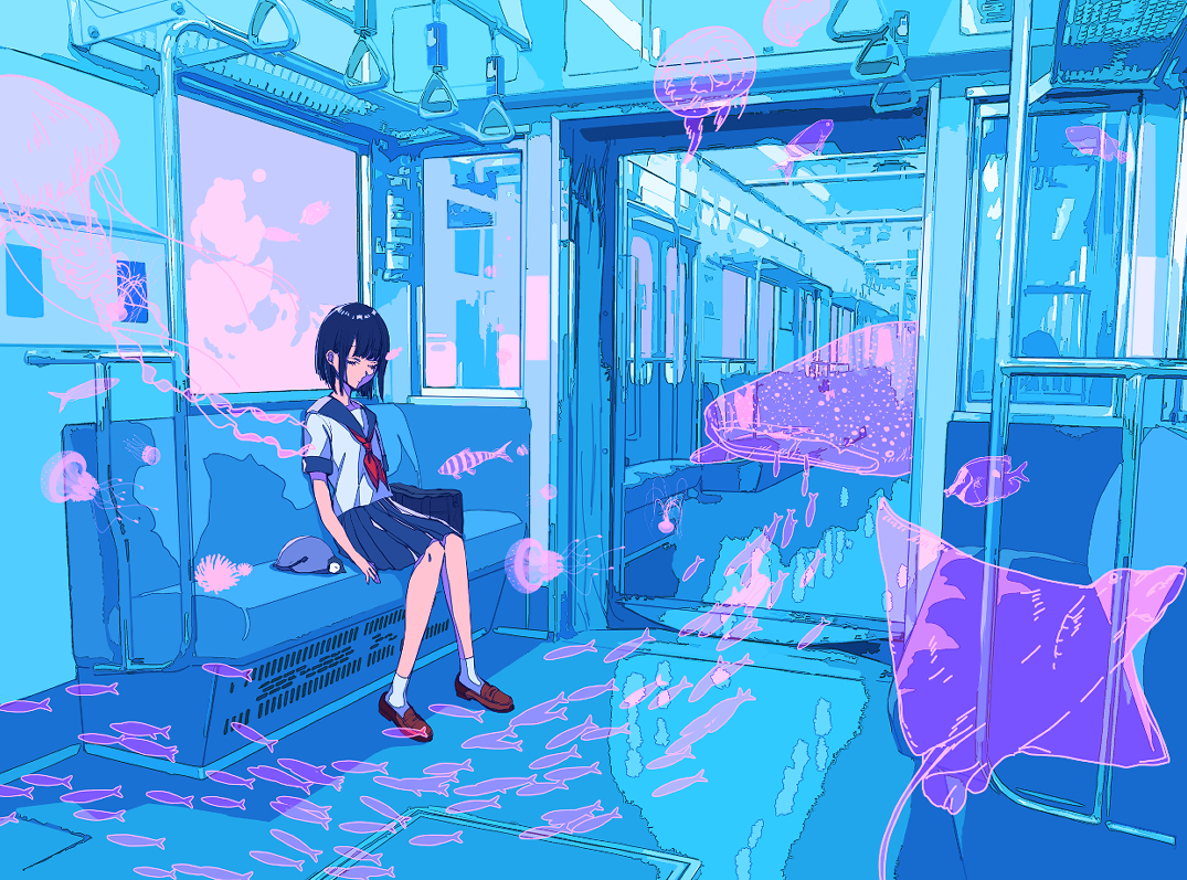 aliasing, animal, fish, ohagi_(ymnky), original, polychromatic, school_uniform, train