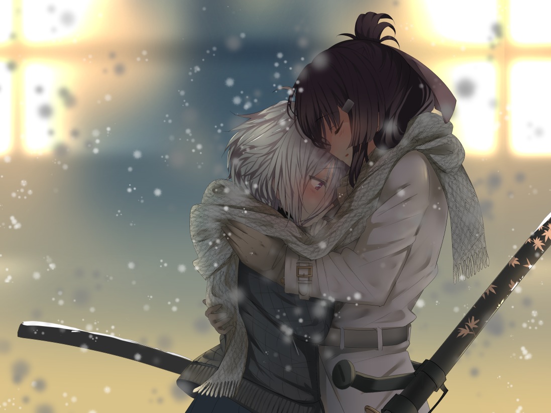 2girls, 80mph, hug, itomi_sayaka, katana, scarf, shoujo_ai, snow, sword, toji_no_miko, weapon, yanase_mai_(toji_no_miko)