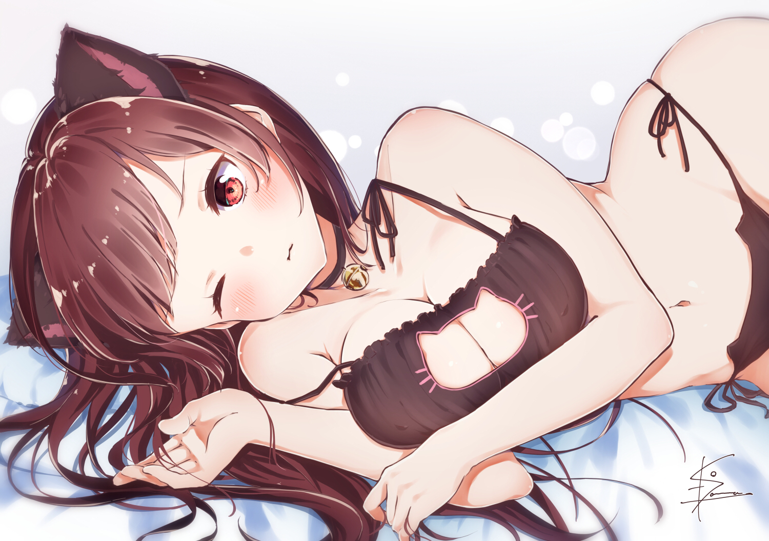 animal_ears, anthropomorphism, bed, bell, blush, bra, breasts, brown_hair, catgirl, cleavage, close, collar, girls_frontline, kodama_(koda_mat), long_hair, navel, panties, red_eyes, signed, underwear, wa2000_(girls_frontline), wink
