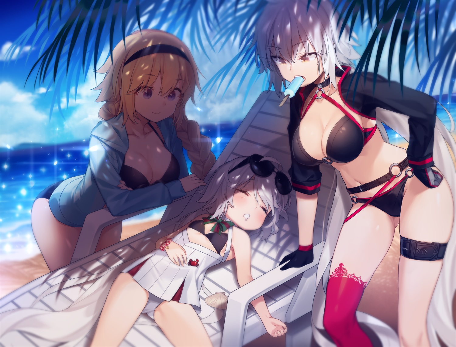 beach, bikini, blonde_hair, blue_eyes, braids, breasts, cleavage, fate/grand_order, fate_(series), flat_chest, garter, gloves, gray_hair, headband, hood, jeanne_d'arc_alter, jeanne_d'arc_alter_santa_lily, jeanne_d'arc_(fate), loli, long_hair, ponytail, popsicle, sankyaku_tako, shade, short_hair, sleeping, sunglasses, swimsuit, water, yellow_eyes