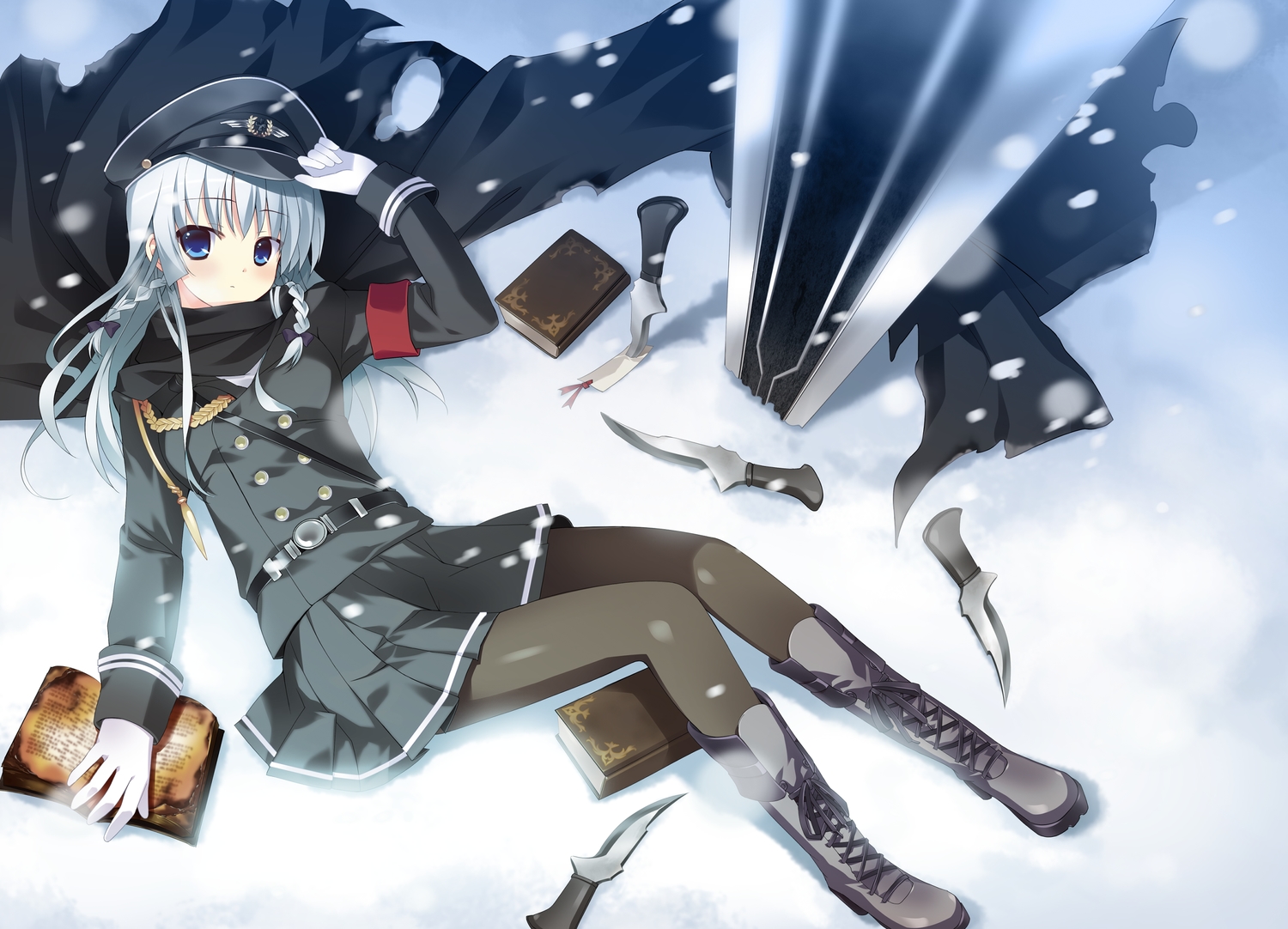 blue_eyes, book, braids, cape, ex-one, gray_hair, hat, knife