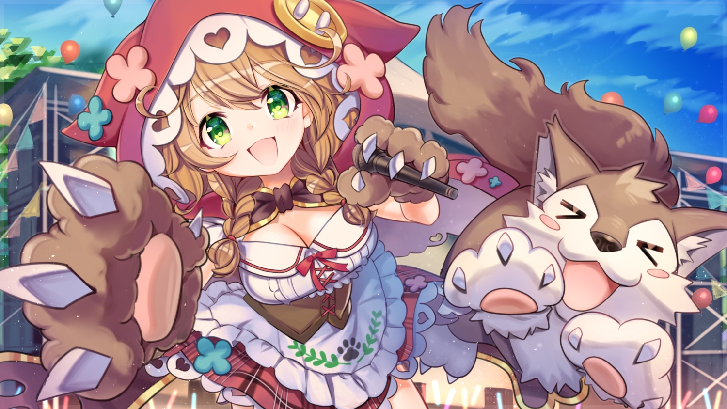 animal, braids, breasts, brown_hair, cape, cleavage, corset, dress