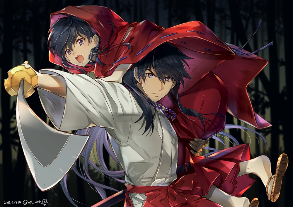 black_hair, blue_eyes, forest, higurashi_kagome, hood, inuyasha, inuyasha_(character), japanese_clothes, katana, long_hair, male, motobi_(mtb_umk), necklace, signed, sword, tree, weapon