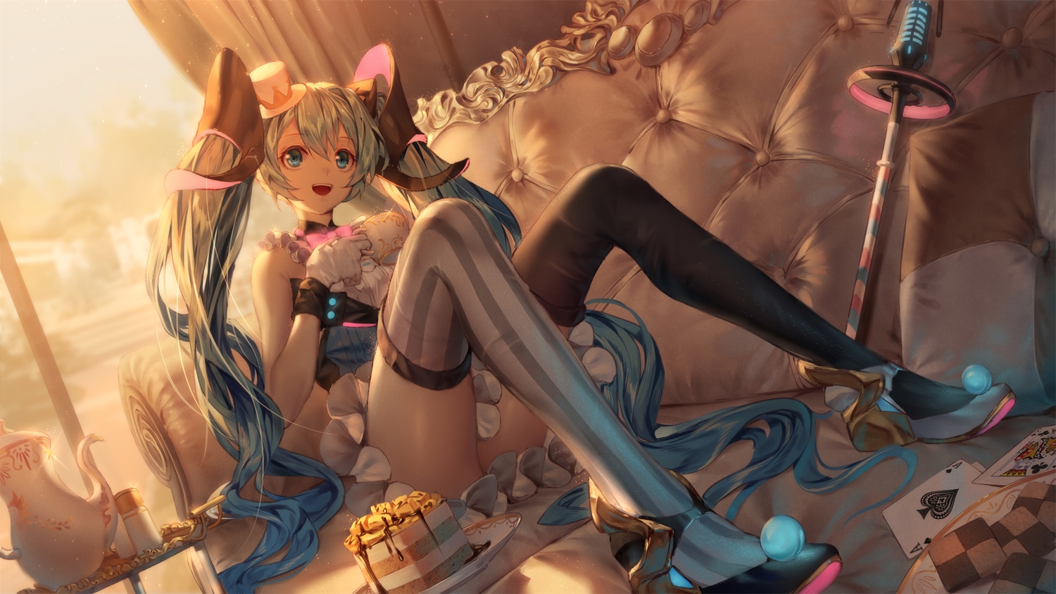 cake, couch, drink, food, gloves, green_eyes, green_hair, hat