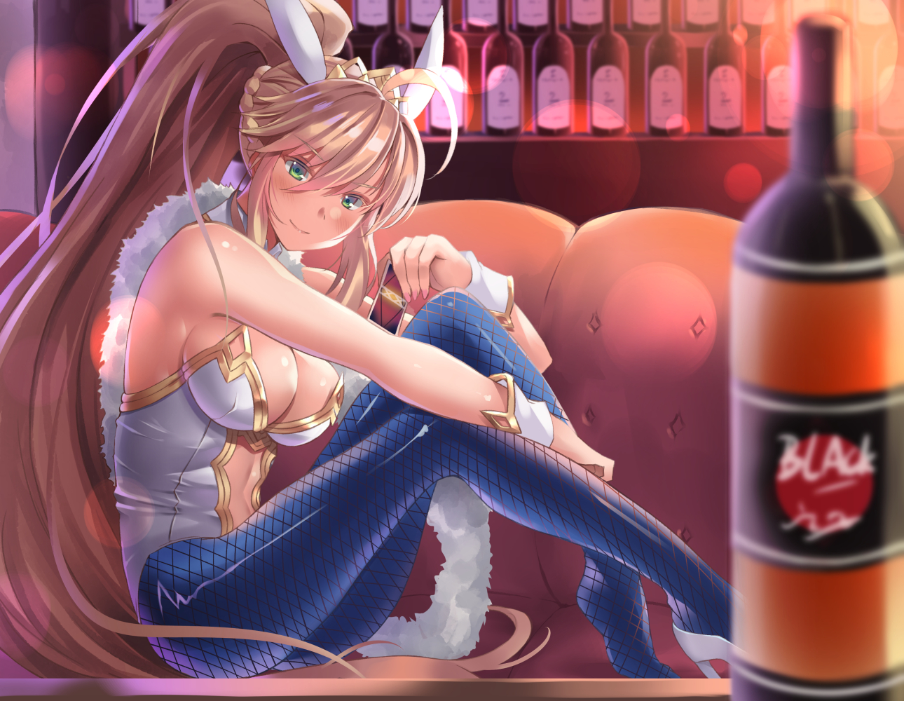 a-na, animal_ears, artoria_pendragon_(all), artoria_pendragon_(lancer), blonde_hair, blush, bodysuit, breasts, bunny_ears, bunnygirl, cleavage, couch, drink, fate/grand_order, fate_(series), green_eyes, long_hair, pantyhose, ponytail, tiara, wristwear