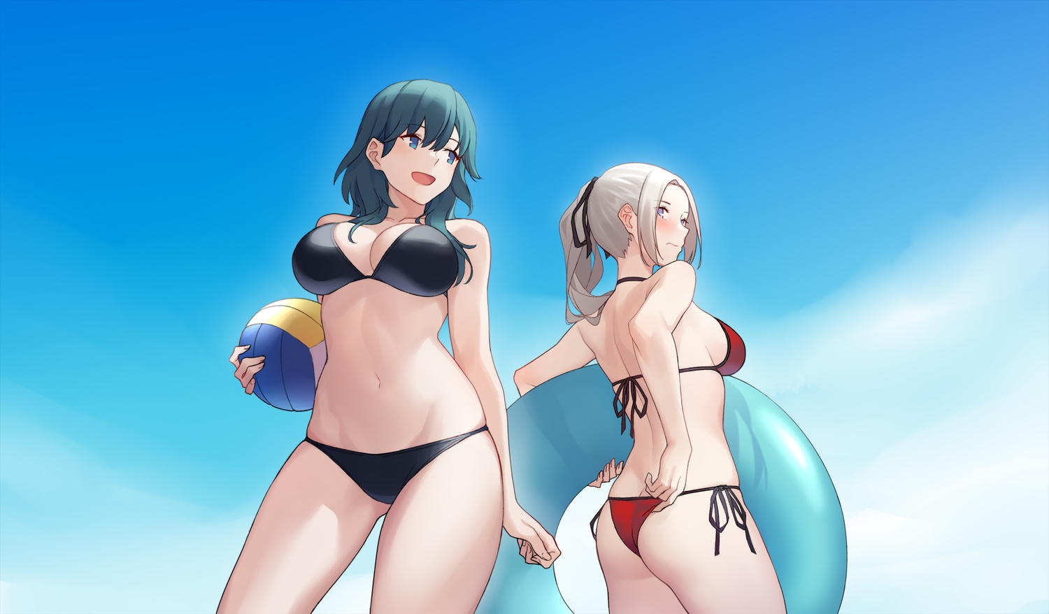 2girls, aqua_eyes, ass, ball, bikini, blue_eyes, blush, breasts