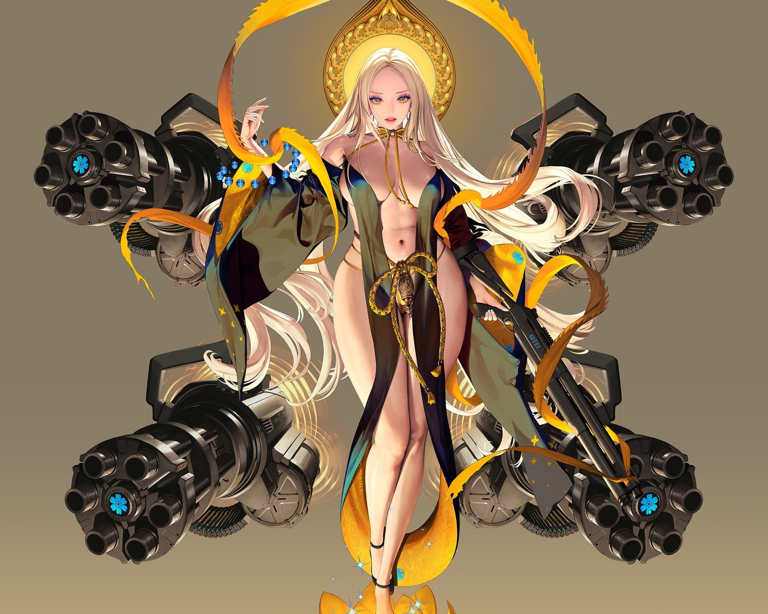 blonde_hair, breasts, brown, cropped, destiny_child, dress, gradient, gun