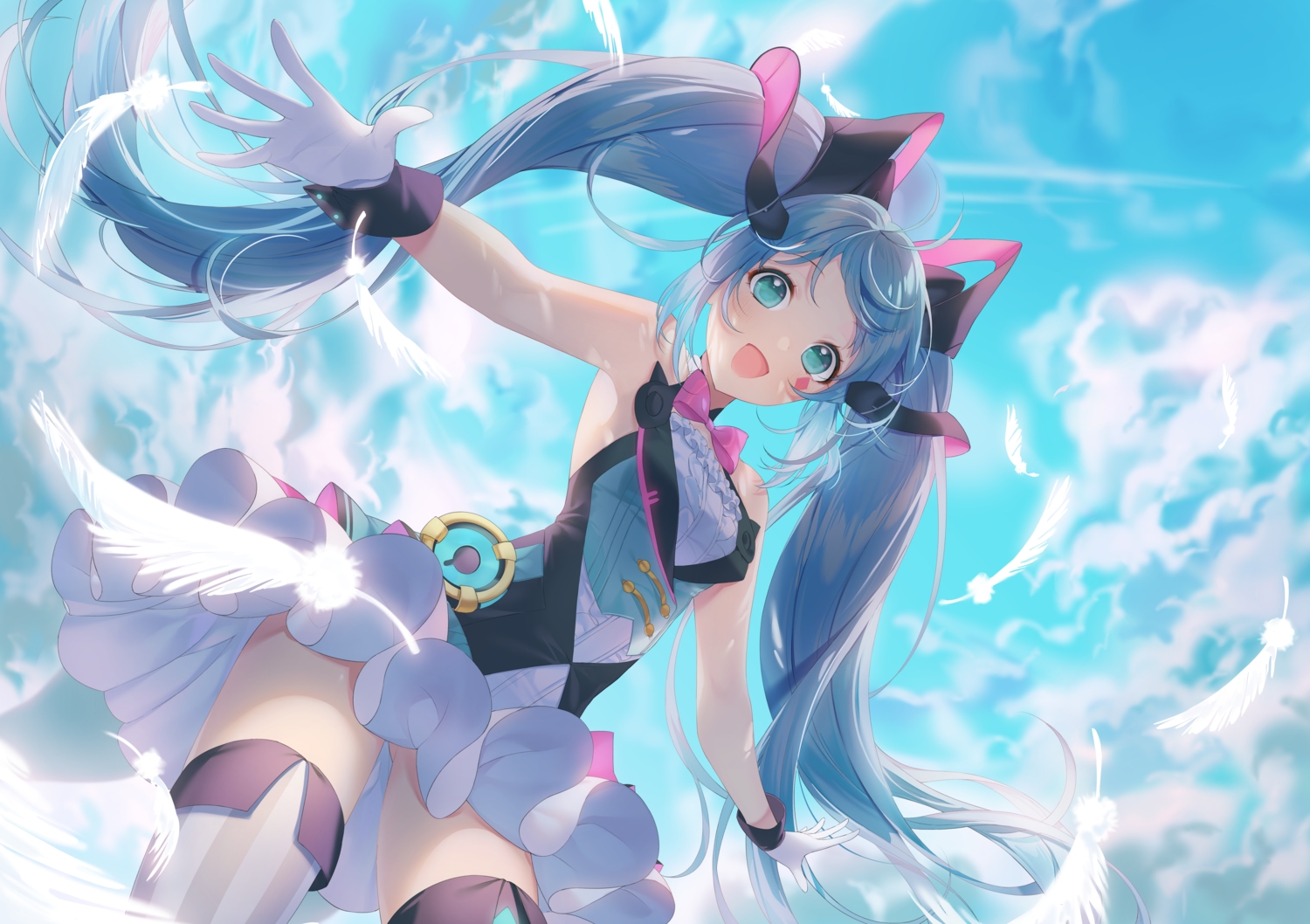 a20_(atsumaru), blue_hair, clouds, hatsune_miku, long_hair, magical_mirai_(vocaloid), thighhighs, twintails