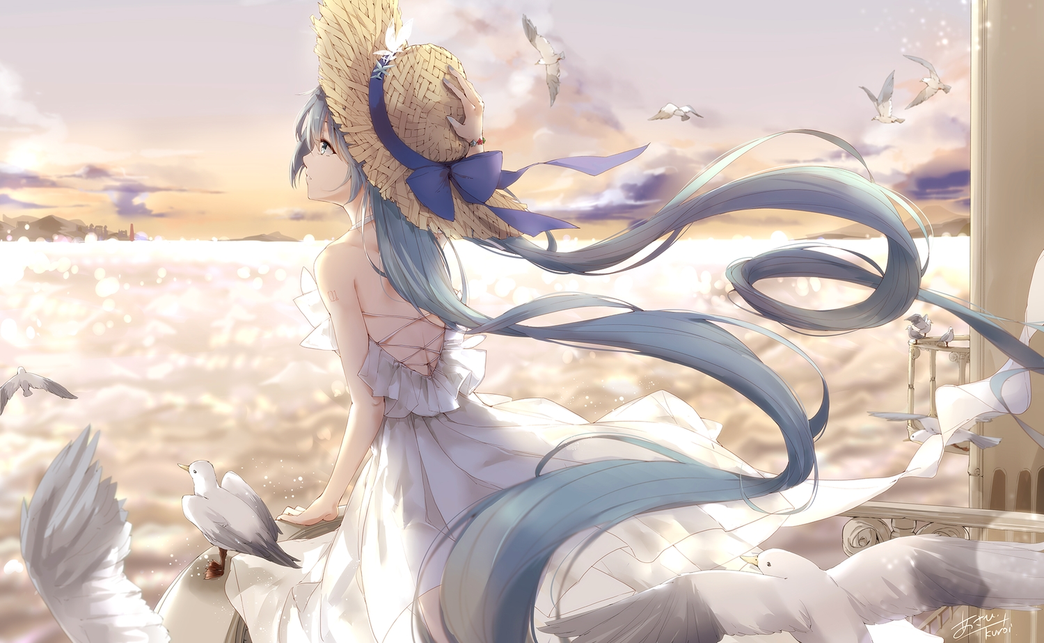 animal, asahi_kuroi, bird, blue_hair, dress, hatsune_miku, long_hair, signed