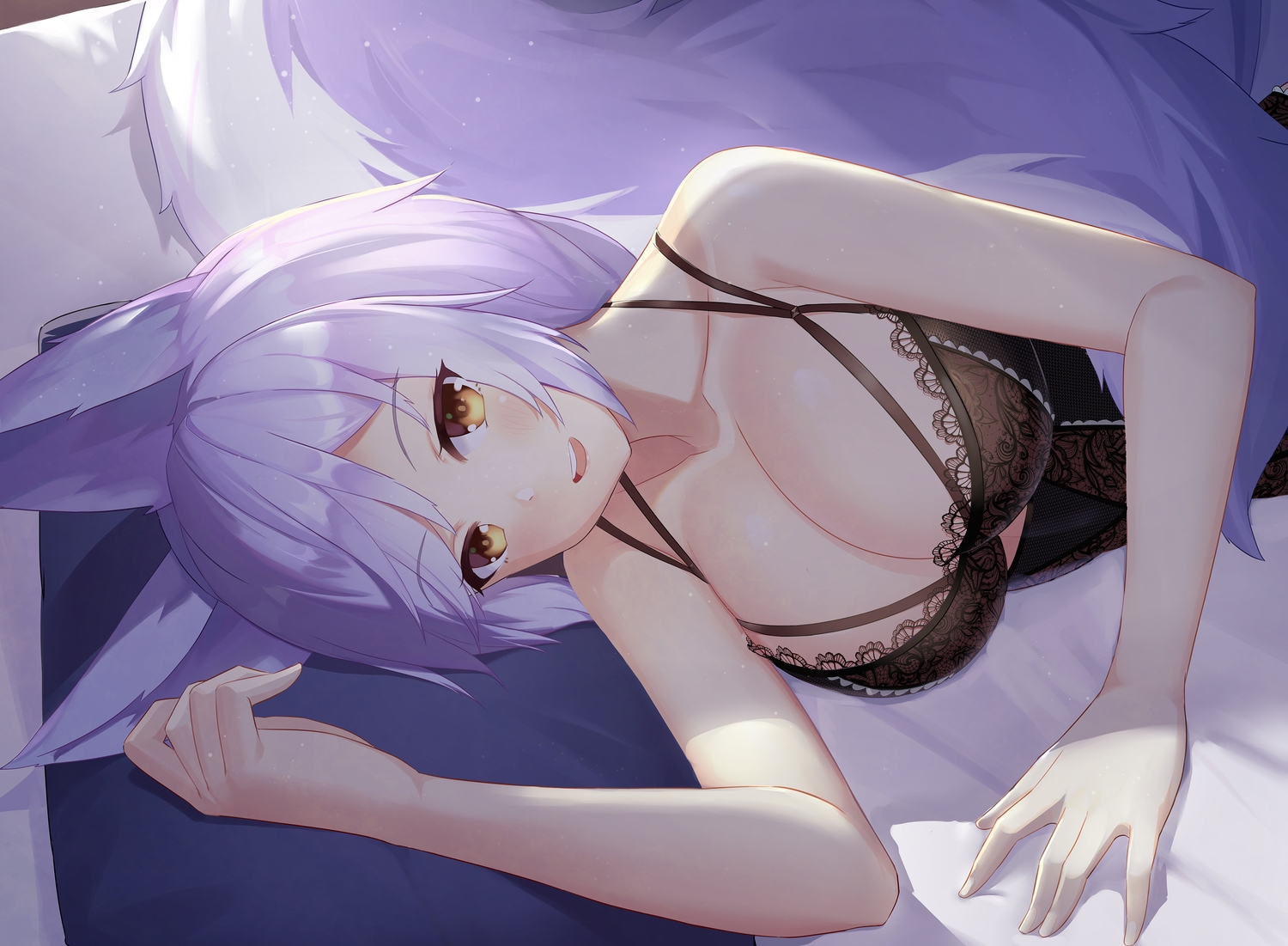 animal_ears, arknights, bed, blush, close, muji_(majunduo), provence_(arknights), tail, white_hair, wolfgirl, yellow_eyes