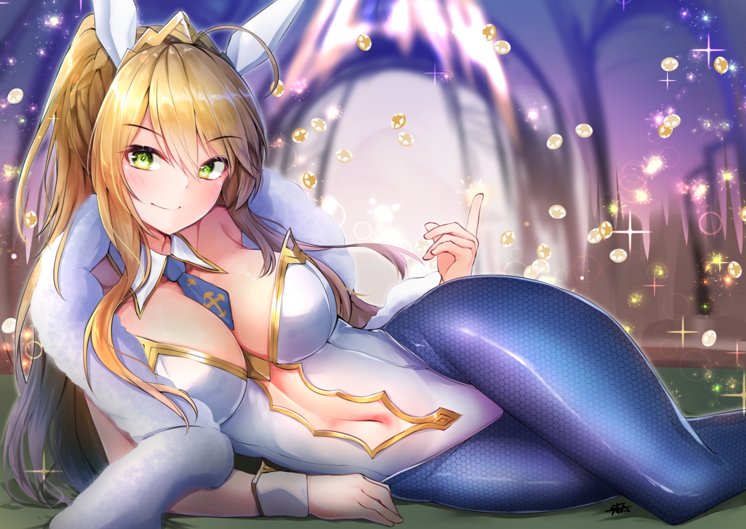 animal_ears, artoria_pendragon_(all), artoria_pendragon_(lancer), blonde_hair, breasts, bunny_ears, bunnygirl, cleavage, fate/grand_order, fate_(series), hiromaster_sinta_jh, pantyhose, ponytail, tiara, tie, wristwear