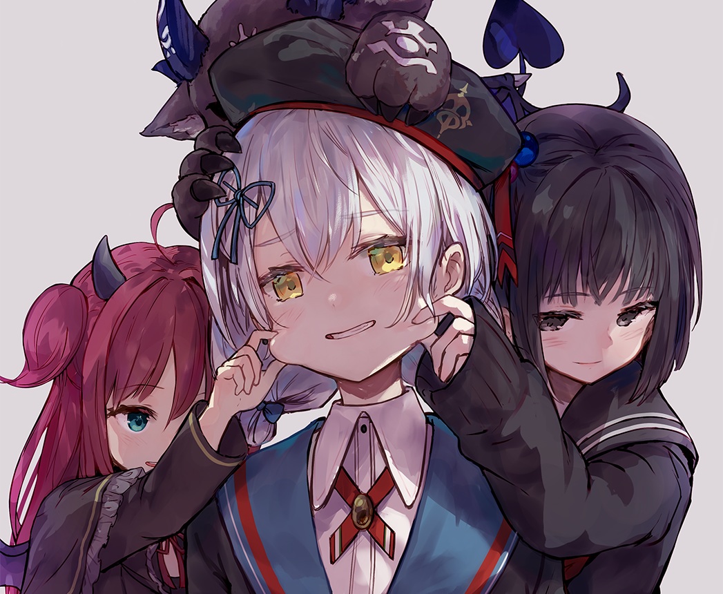 amemori_sayo, black_eyes, black_hair, blush, cape, cropped, debidebi_debiru, demon, green_eyes, group, hat, horns, kudou_chitose, long_hair, makihitsuji, nijisanji, red_hair, school_uniform, short_hair, white_hair, yellow_eyes, yuzuki_roa