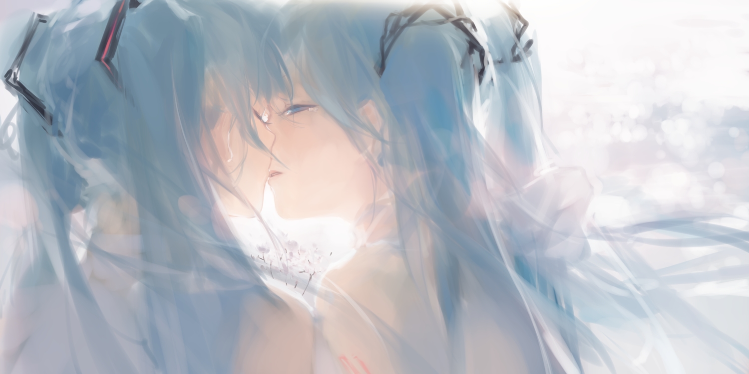 close, green_eyes, green_hair, hatsune_miku, kiss, long_hair, shoujo_ai, spencer_sais