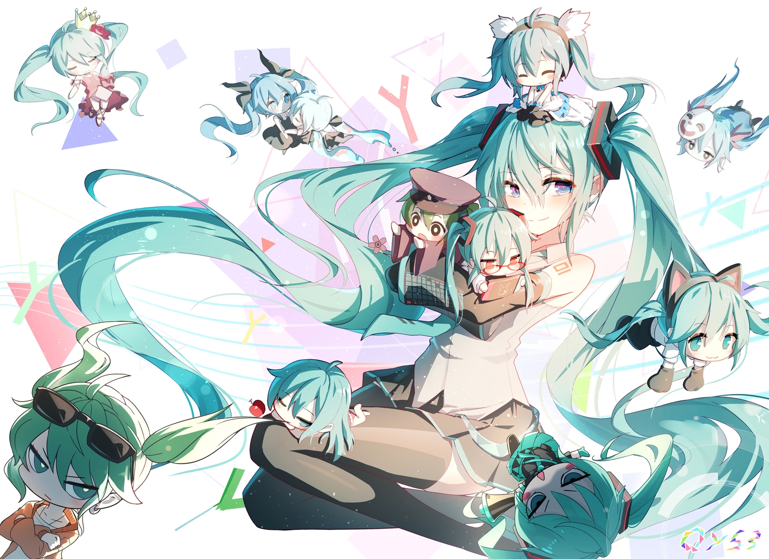 animal_ears, apple, blue_eyes, blue_hair, blush, bottle_miku, cat_smile, chibi, crown, deep-sea_girl_(vocaloid), dress, food, fruit, game_console, glasses, green_eyes, green_hair, hat, hatsune_miku, headband, karakuri_pierrot_(vocaloid), long_hair, mask, project_diva, qys3, red_eyes, romeo_and_cinderella_(vocaloid), senbon-zakura_(vocaloid), signed, skirt, suna_no_wakusei_(vocaloid), sunglasses, tattoo, thighhighs, tie, twintails, vocaloid, watermark, wink