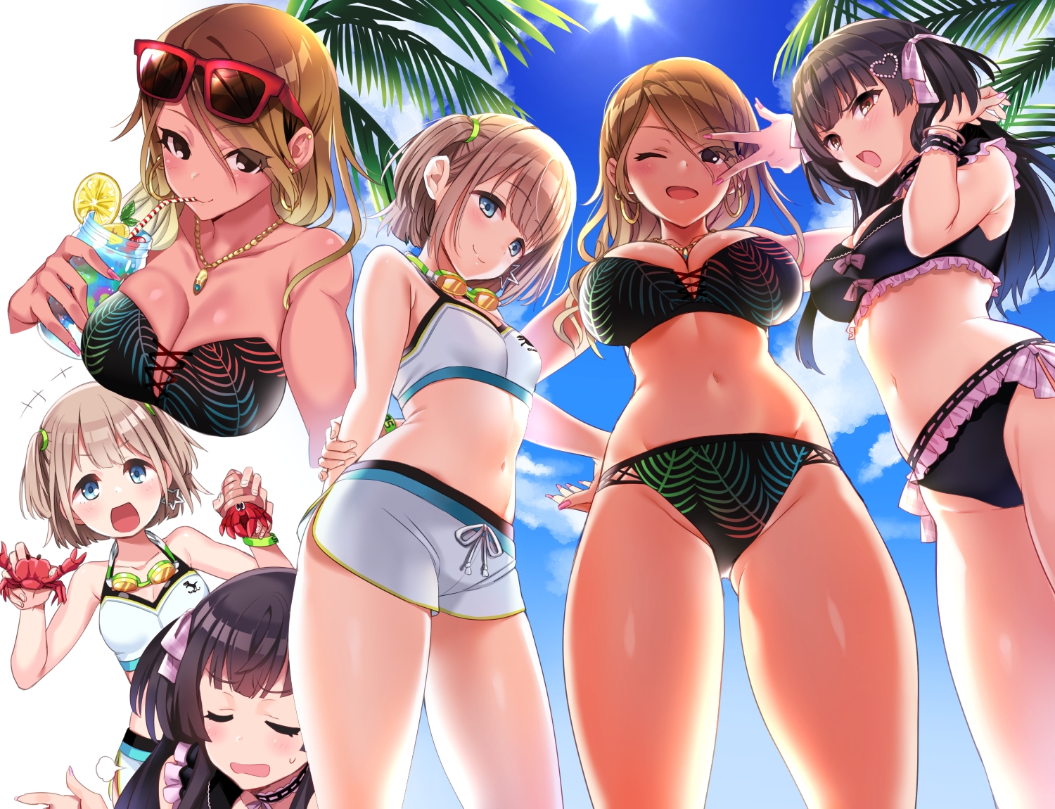 animal, bikini, black_eyes, blue_eyes, blush, breasts, brown_eyes, brown_hair