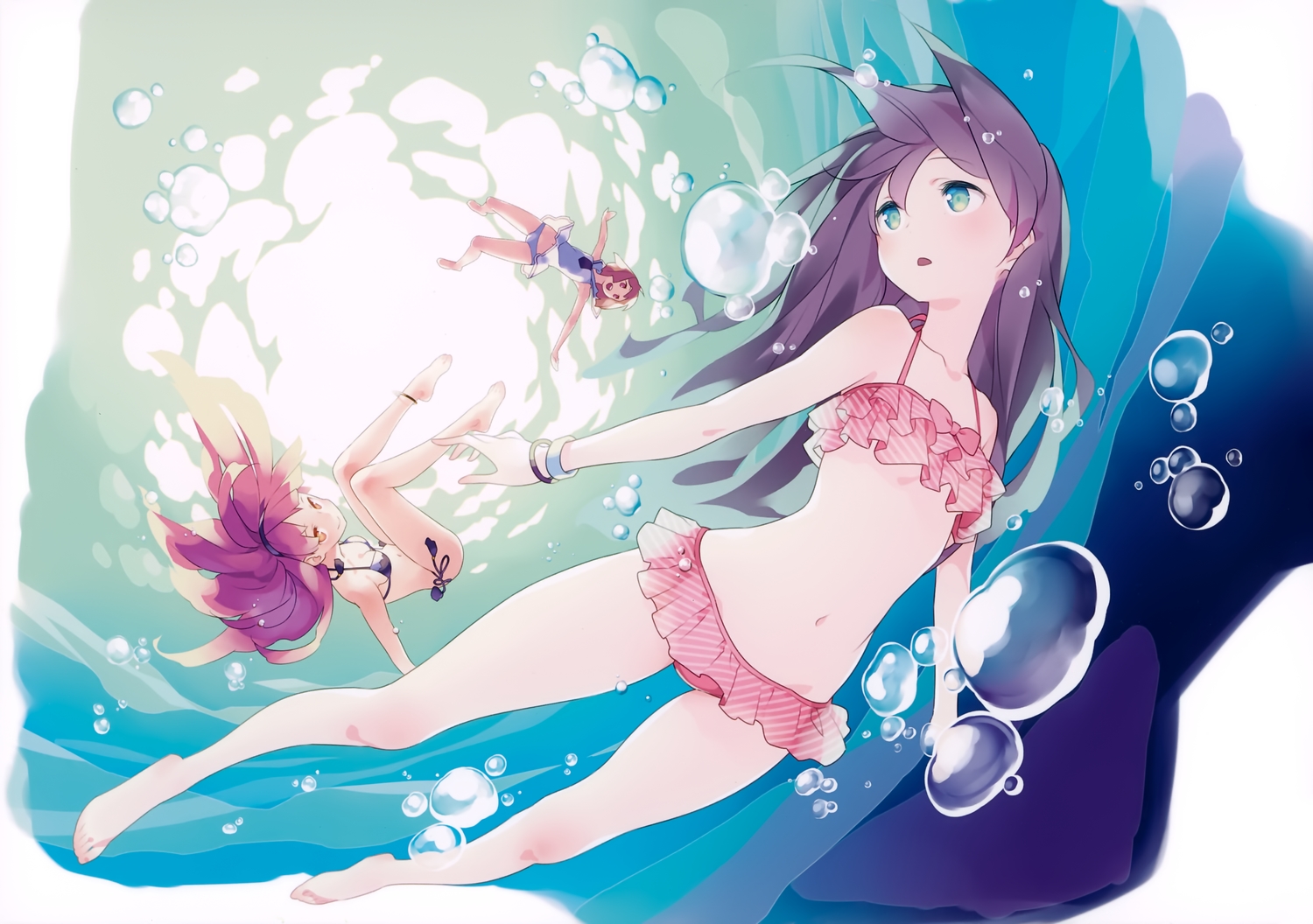 barefoot, bikini, brown_eyes, brown_hair, bubbles, gayarou, green_eyes, long_hair